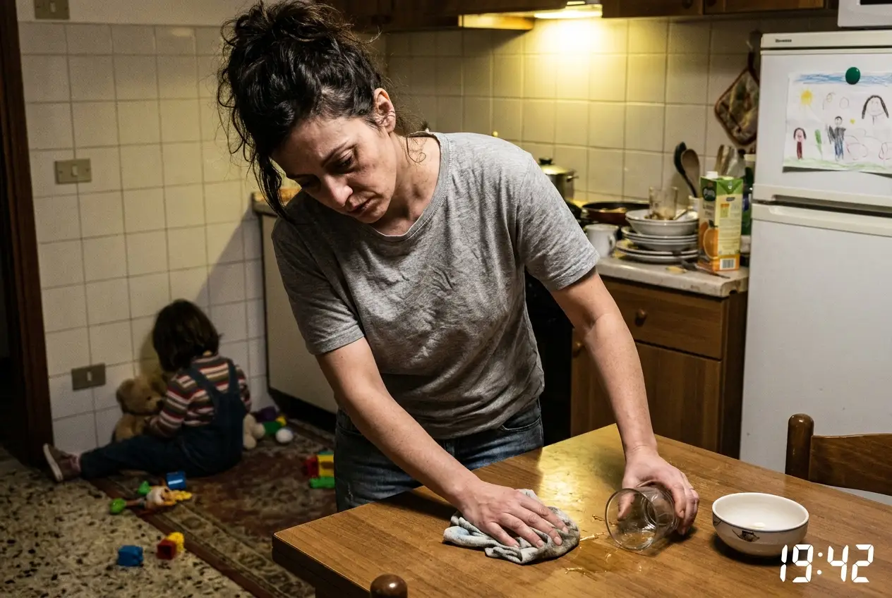 Una madre seduta da sola in cucina, canovaccio in mano, dopo una scena con la figlia.
