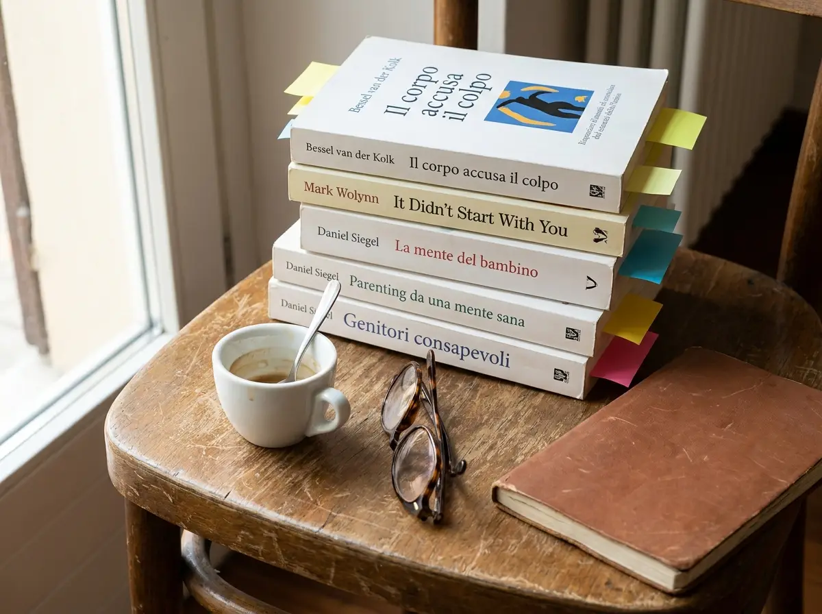 Pila di libri di psicologia: Bessel van der Kolk, Daniel Siegel, Mark Wolynn, con post-it e segnalibri.