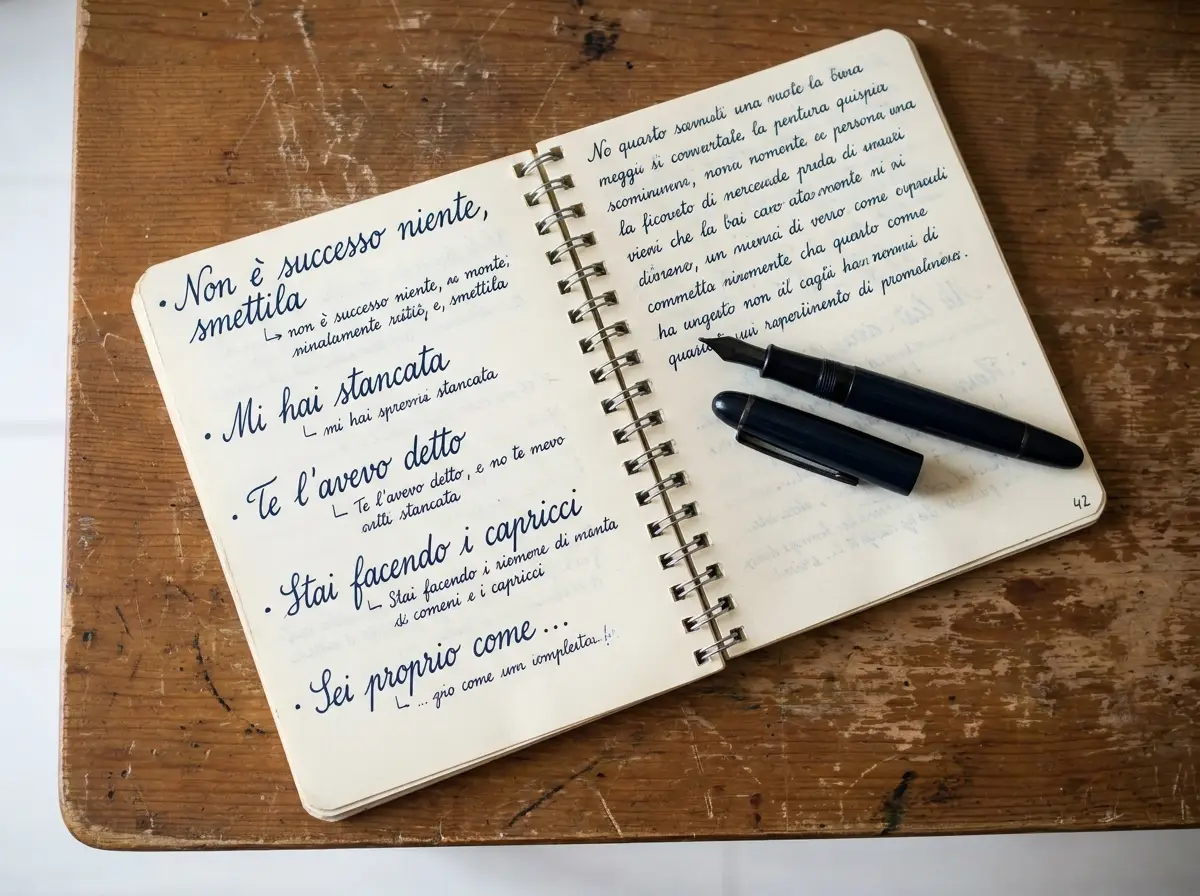 Quaderno aperto a pagina 42 con le 7 frasi scritte a mano in inchiostro blu.