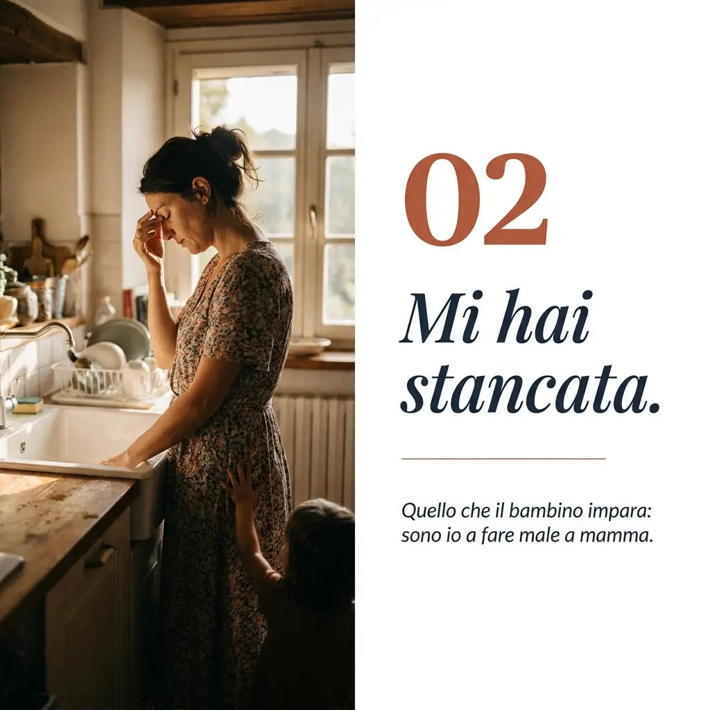 Madre stanca al lavandino della cucina con bimbo blurred in foreground.