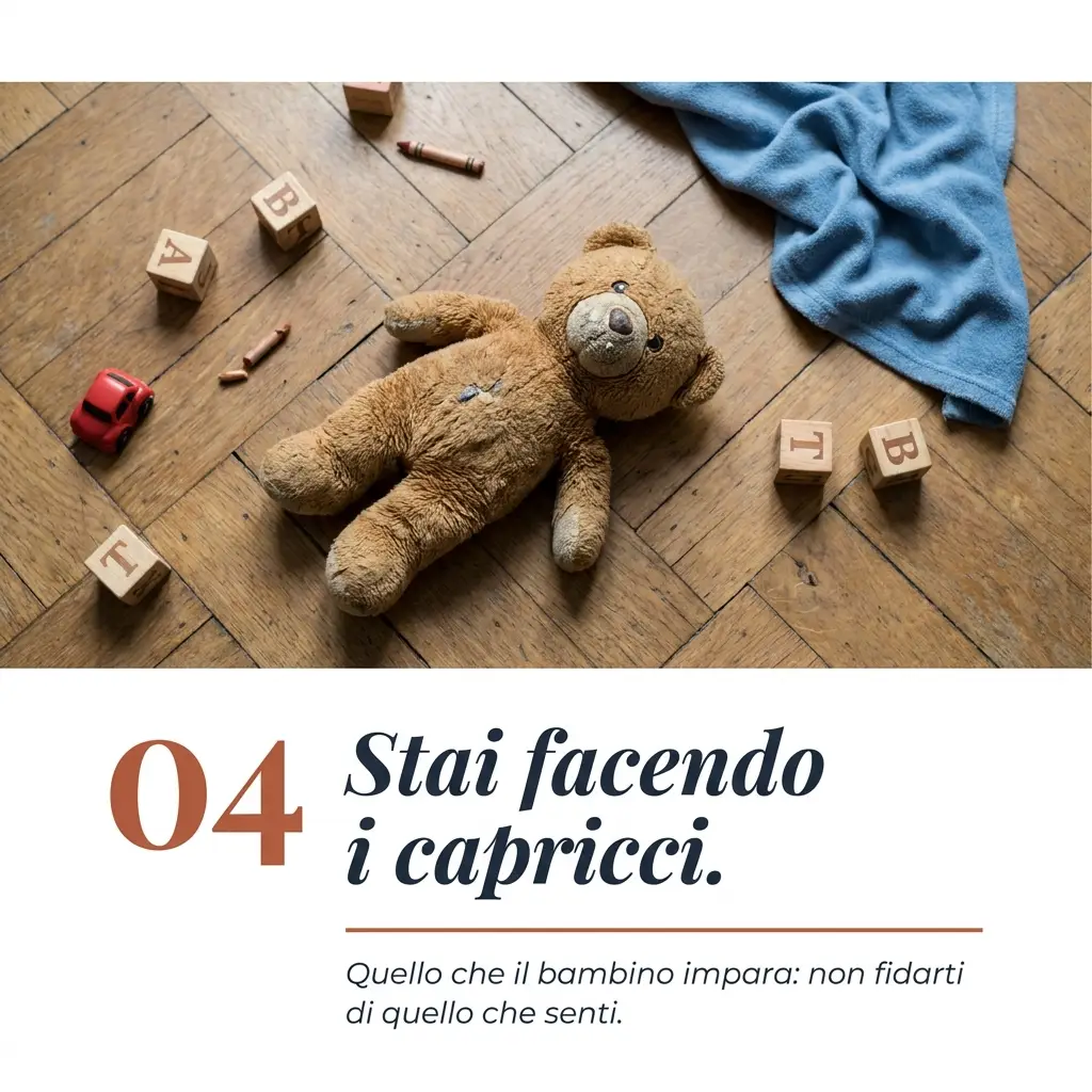 Peluche e blocchi sul pavimento, scena di un capriccio appena finito.