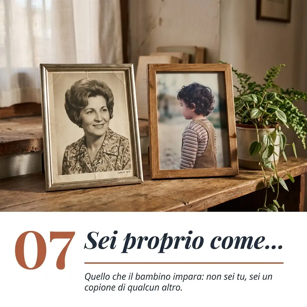 Due cornici sulla mensola, foto vintage anni '70 e foto di profilo moderno.