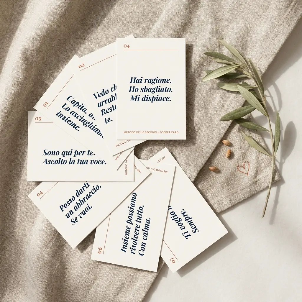 Sette pocket cards di riparazione disposte a ventaglio.